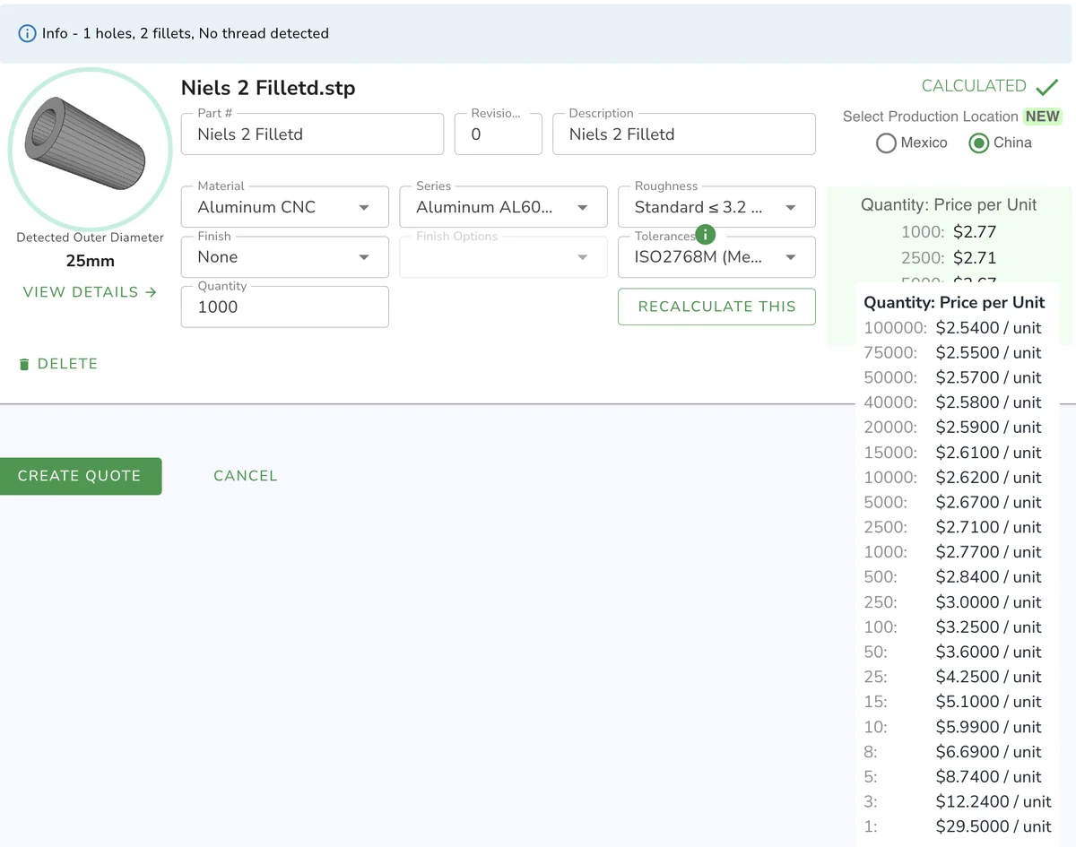 Boda instant quote for a CNC turned 6061 aluminum part showing unit prices from 1 to 100,000 pieces