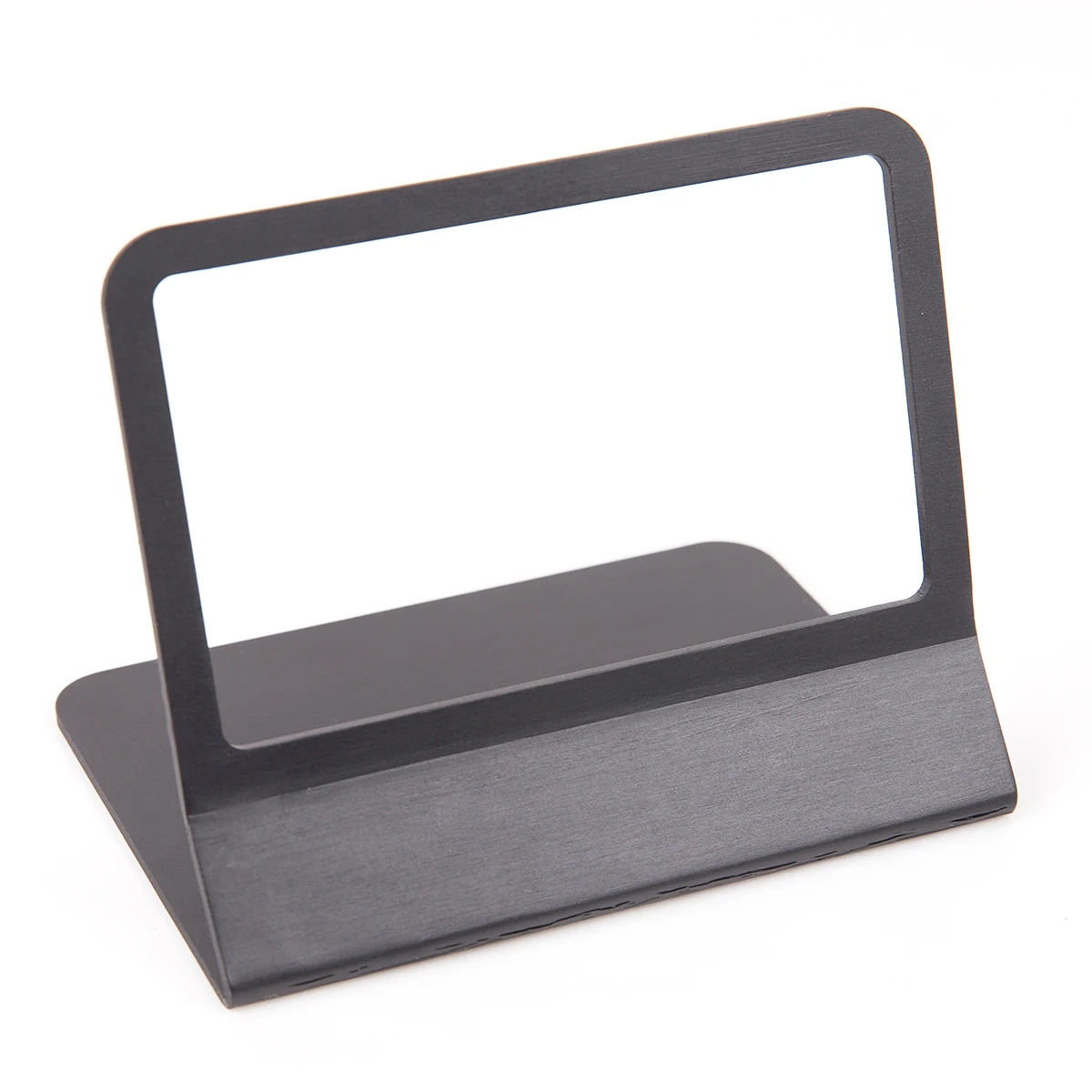 Black anodized aluminum stand with a rectangular window and a folded base