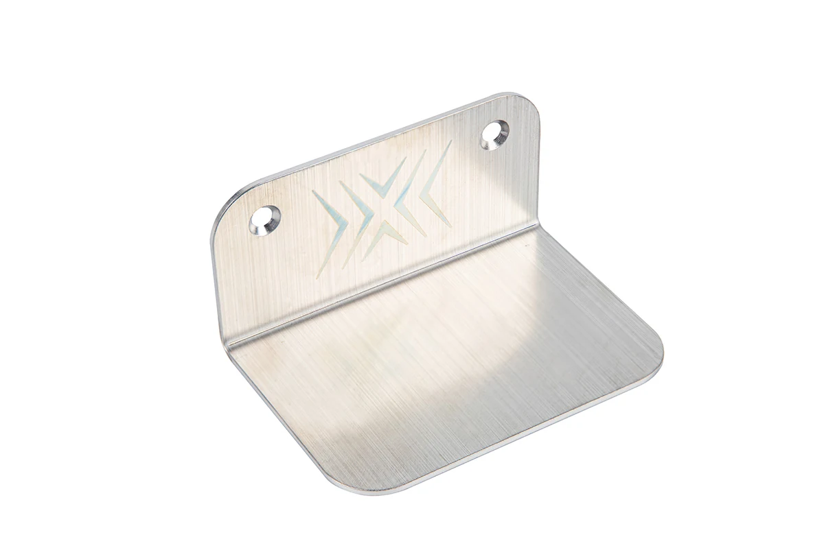 Brushed stainless steel L-bracket with a directional satin grain and laser-engraved mark
