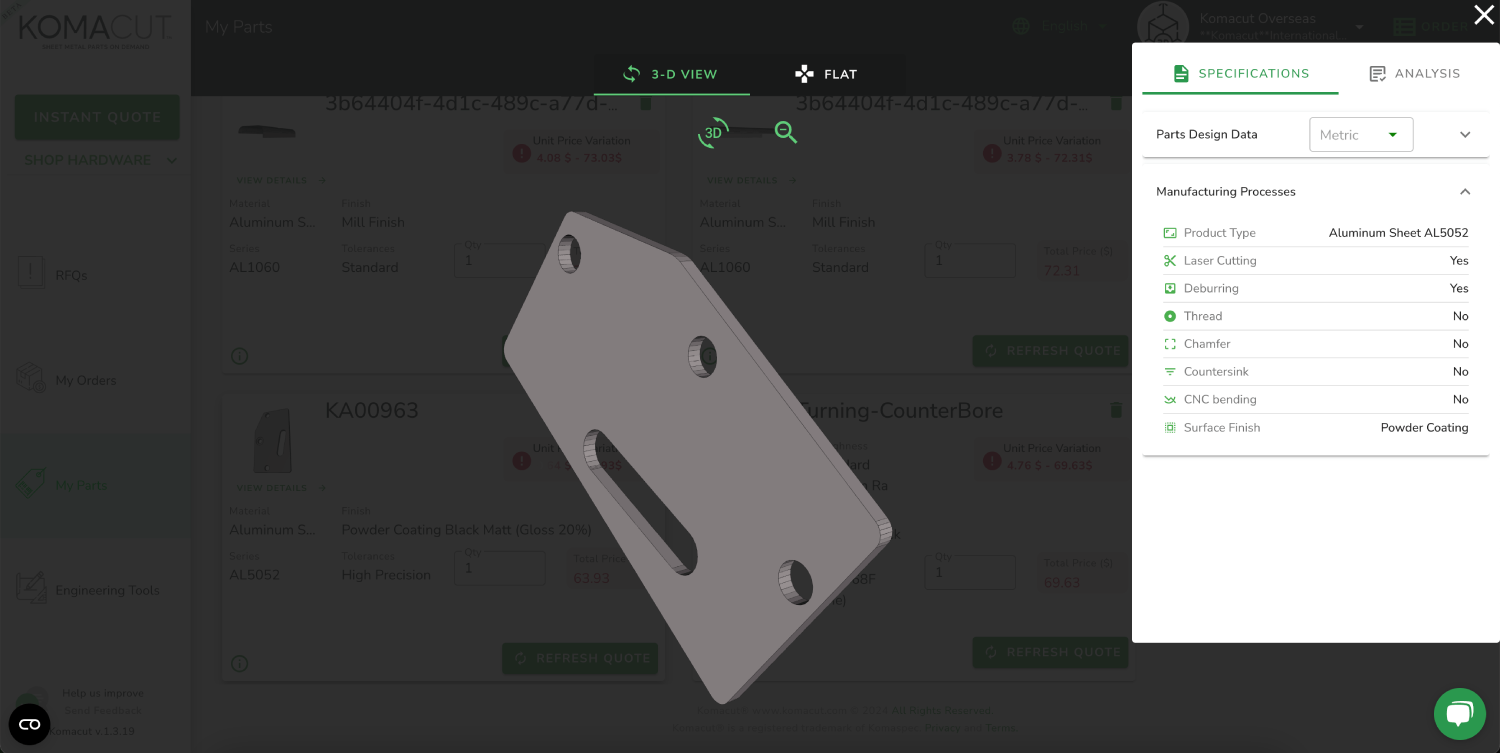 Boda platform 3D view of a laser cut AL5052 sheet metal part with its detected manufacturing processes