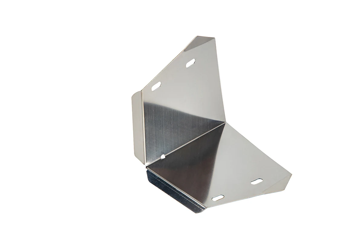 Bright mirror-finished stainless steel bracket with two flanges and slotted mounting holes