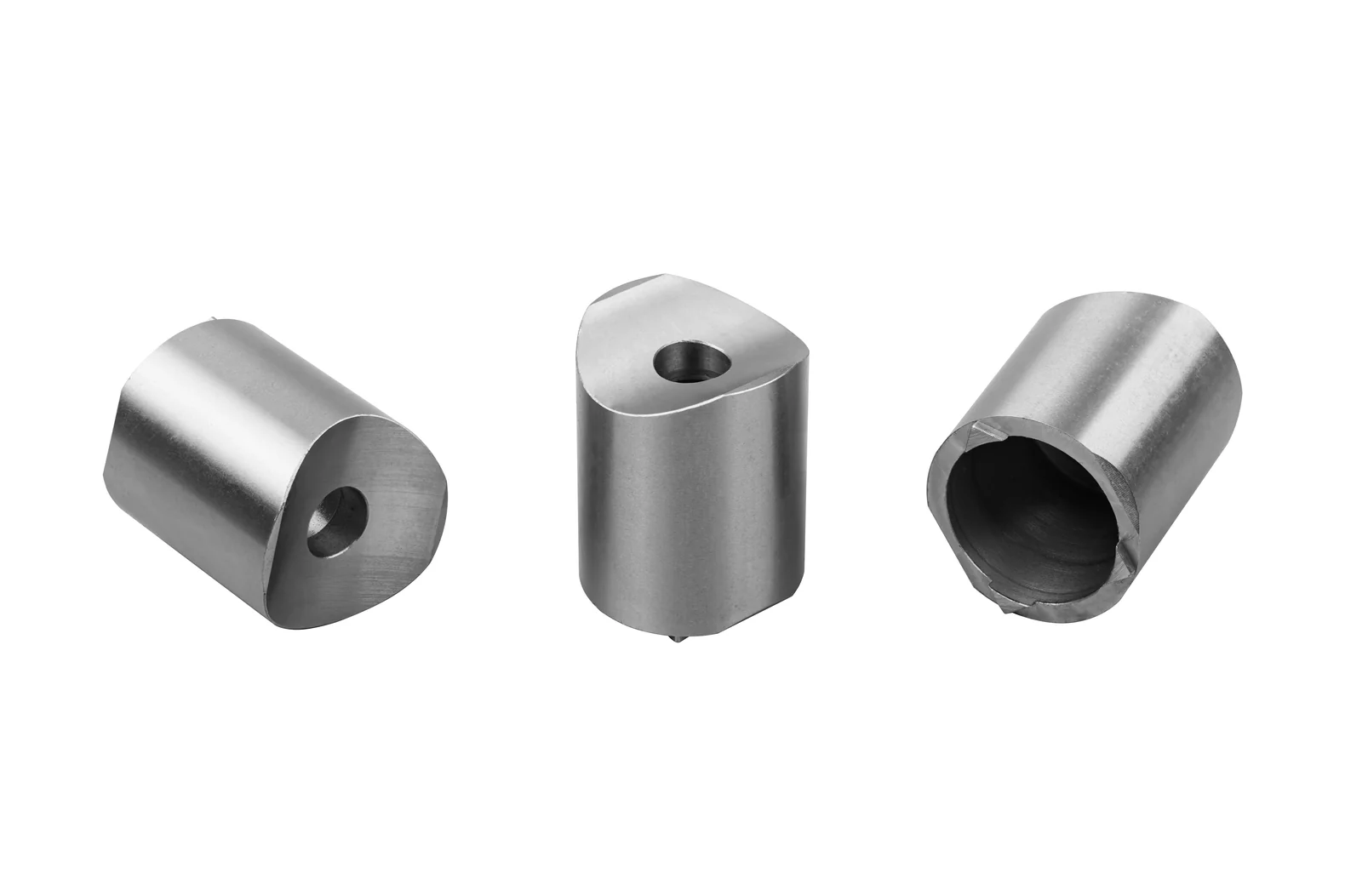 CNC turned metal parts with milled flats, drilled holes and an internal bore